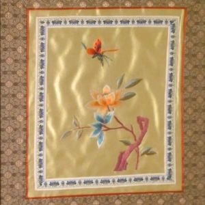 Framed silk embroidery from Singapore 1989 Flowers and Butterfly